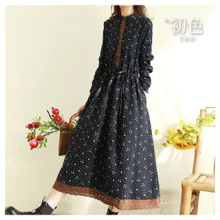 【初色】復古風碎花蕾絲收腰顯瘦長洋裝連身洋裝-共3色-60672(M-2XL可選)