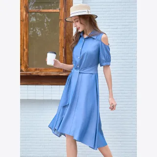 【H2O】性感露肩收腰牛仔散洋裝(#5684001 連身洋裝、牛仔洋裝 藍色/黑色)