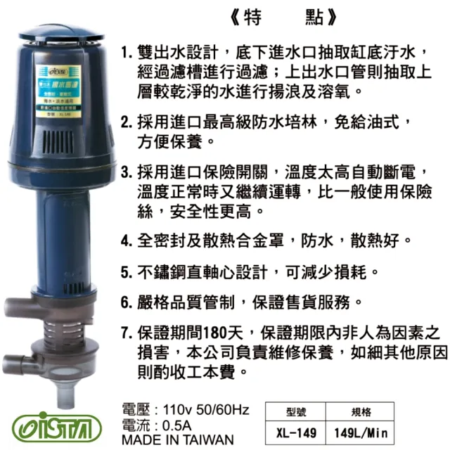 【ISTA 伊士達】XL149 雙出水低噪音揚水馬達 149L/min/全密封及散熱合金罩/不鏽鋼軸心(上部過濾槽用I110)