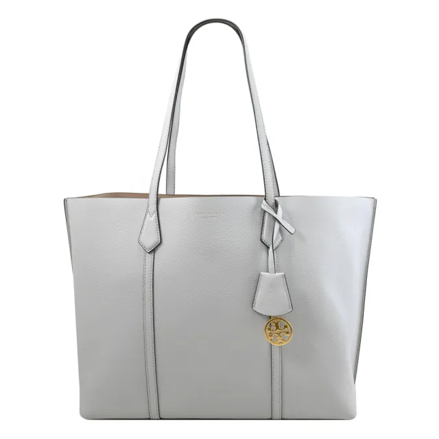 【TORY BURCH】Perry 簡約燙金LOGO荔枝皮革三層包肩背包(淺灰 大)