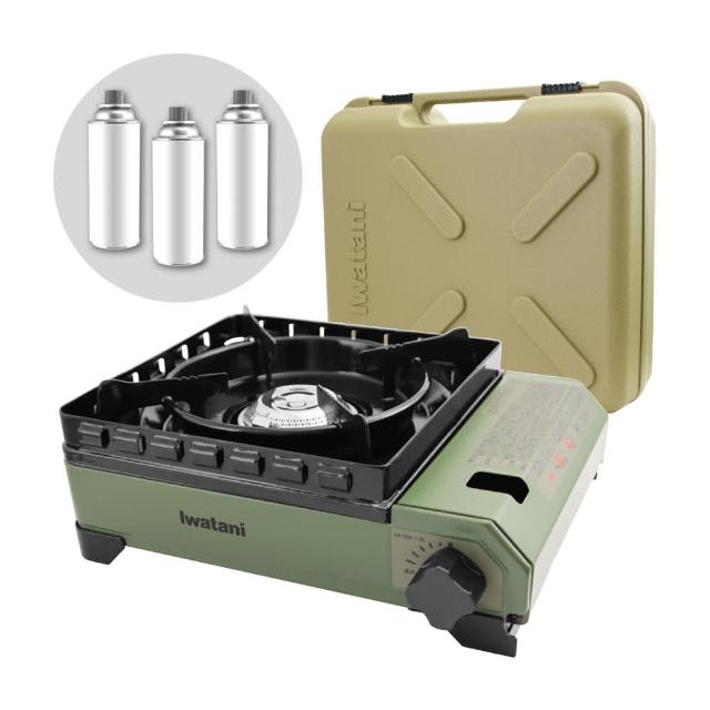 【Iwatani 岩谷】戶外防風究極綠武士磁式瓦斯爐3.3kW-附收納盒-日本製-贈3入瓦斯罐(CB-ODX-1-OL+瓦斯罐3入)