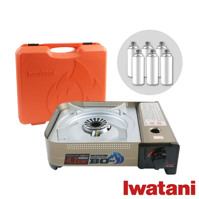 【Iwatani 岩谷】BOⅢ強火_日本FFD防風磁式瓦斯爐-4.1kw-附收納殼-搭6入瓦斯罐(CB-AH-41N+瓦斯罐6入)