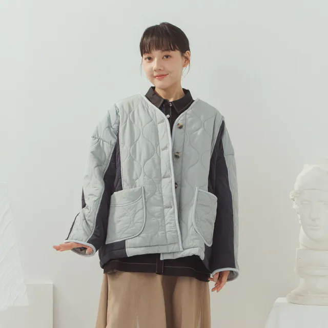 【MOSS CLUB】撞色波浪紋鋪棉保暖長袖外套(藍 灰)