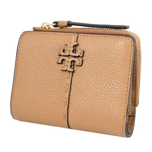 【TORY BURCH】簡約經典雙T LOGO荔枝皮革扣式零錢短夾(淺咖)