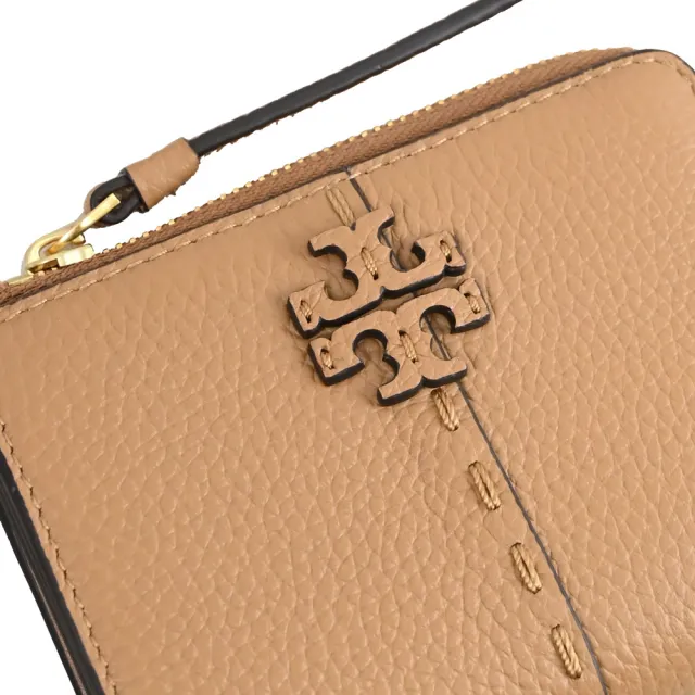 【TORY BURCH】簡約經典雙T LOGO荔枝皮革扣式零錢短夾(淺咖)