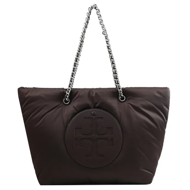 【TORY BURCH】Ella 經典雙T LOGO厚尼龍鍊帶肩背包托特包(酒紅)