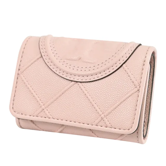 【TORY BURCH】經典立體雙T LOGO菱格車線皮革三折小短夾(粉)