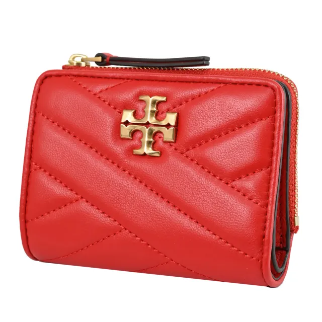 【TORY BURCH】經典雙T LOGO絎縫皮革釦式零錢短夾(紅)