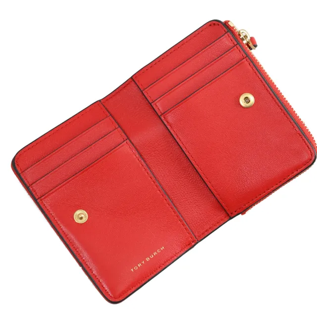 【TORY BURCH】經典雙T LOGO絎縫皮革釦式零錢短夾(紅)