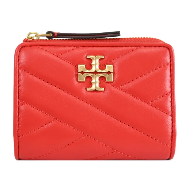 【TORY BURCH】經典雙T LOGO絎縫皮革釦式零錢短夾(紅)