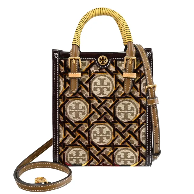 【TORY BURCH】T Monogram 經典立體印花拼接紙袋造型手提袋兩用包(深咖)