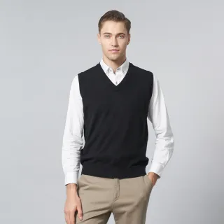 【pierre cardin 皮爾卡登】網路獨家 男款 羊毛混紡素色V領毛衣背心-黑色(7005461-99)