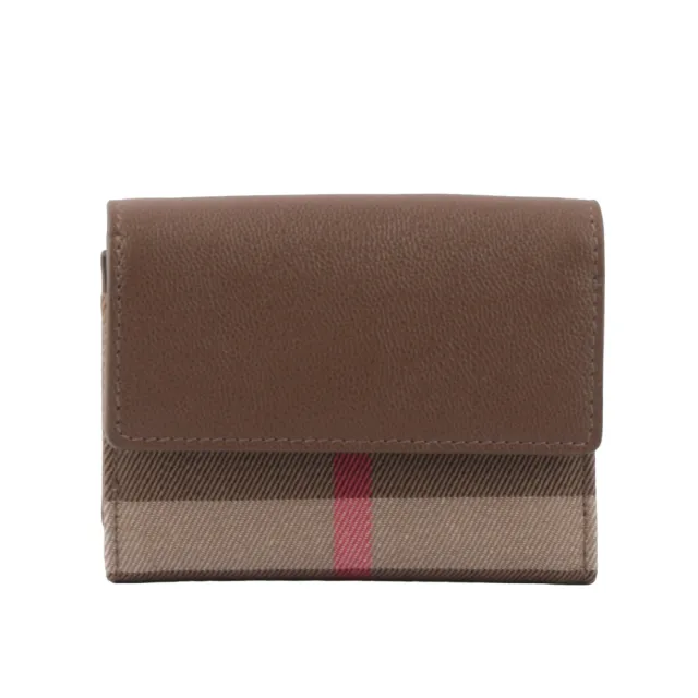 【BURBERRY 巴寶莉】Lancaster 牛皮及帆布格紋三折短夾_展示品(土棕色/棕色)