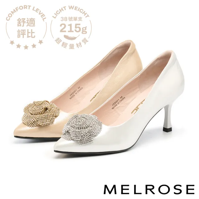 【MELROSE】美樂斯 華麗高雅晶鑽花朵全真皮尖頭高跟鞋(金)