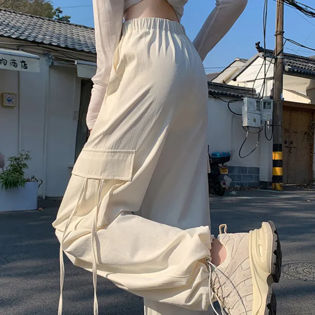 【MsMore】工裝高腰機能辣妹美式高街寬鬆降落傘闊腿長褲#124529(米白/米杏/黑/粉)