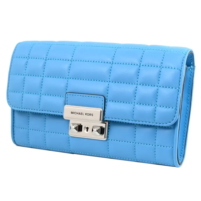 【Michael Kors】TRIBECA WOC 金屬LOGO絎縫皮革翻蓋可拆鍊條三用鍊包(水藍)