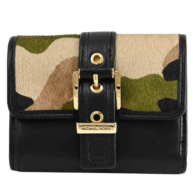 【Michael Kors】COLBY 金屬LOGO皮帶絨面拼接穿扣造型三折零錢短夾(黑)