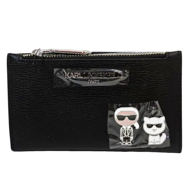 【KARL LAGERFELD 卡爾】KL 老佛爺貓咪對開卡包零錢包(黑色)