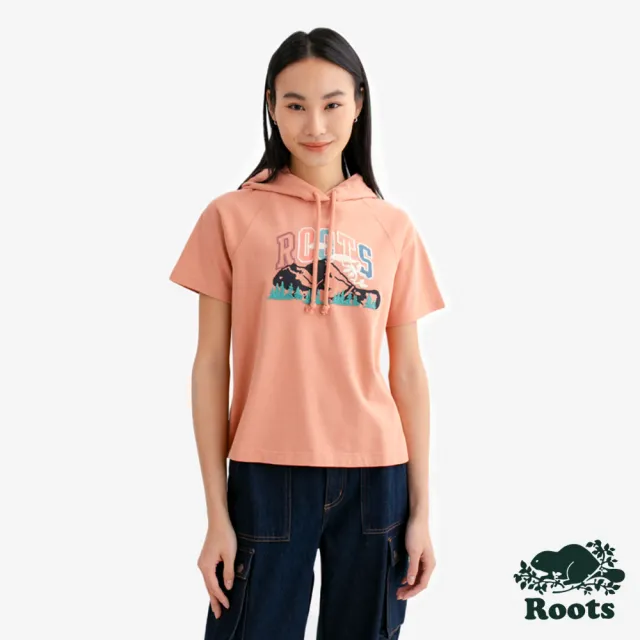 【Roots】Roots女裝- ROOTS LANDSCAPE 短袖連帽上衣(豆沙粉)