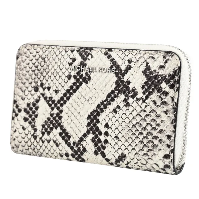 【Michael Kors】金屬LOGO蛇紋皮革信用卡證件名片零錢包(白邊)