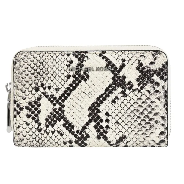 【Michael Kors】金屬LOGO蛇紋皮革信用卡證件名片零錢包(白邊)