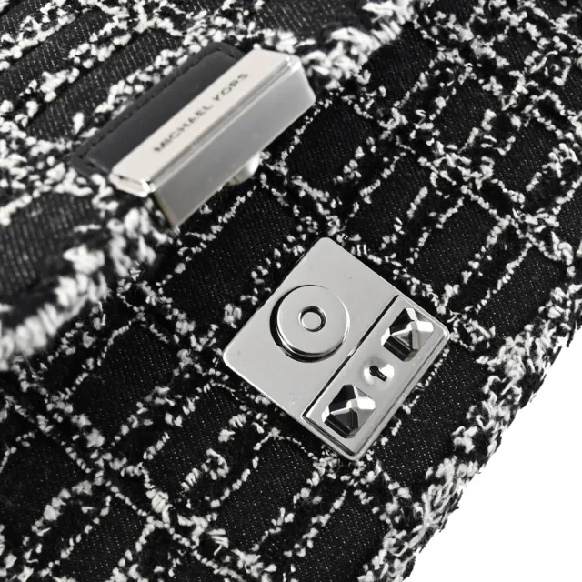 【Michael Kors】TRIBECA 金屬LOGO織布毛邊格紋肩斜翻蓋三用鍊包(黑)
