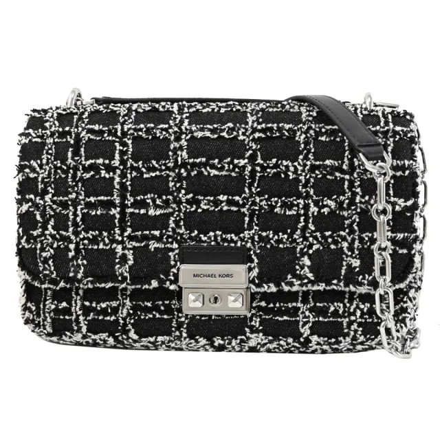 【Michael Kors】TRIBECA 金屬LOGO織布毛邊格紋肩斜翻蓋三用鍊包(黑)