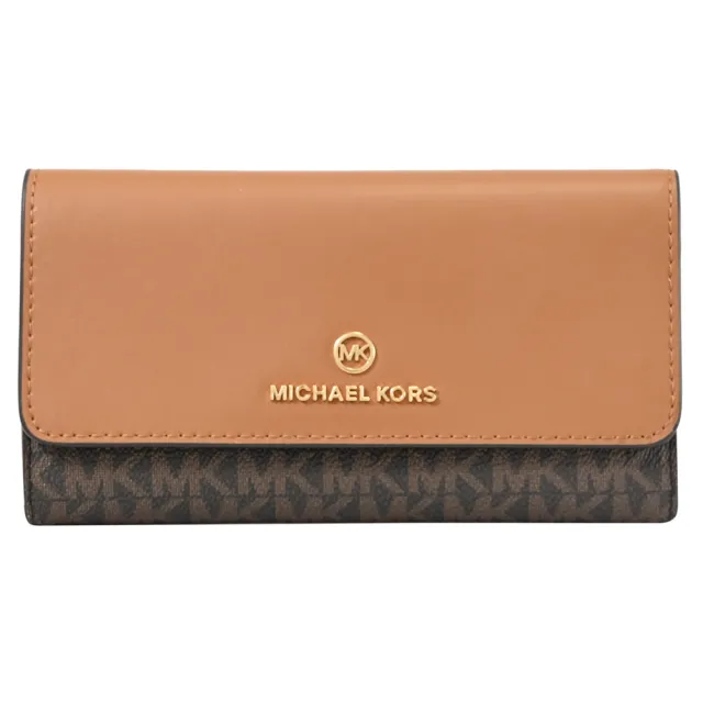 【Michael Kors】金屬LOGO印花皮革拼接三折多卡零錢長夾(深咖/咖)