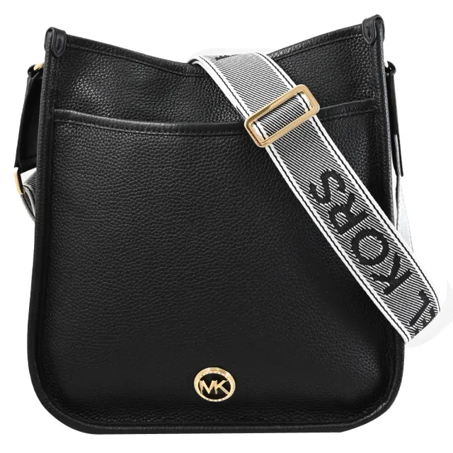 【Michael Kors】LUISA 簡約金屬LOGO荔枝皮革寬背帶直式斜背包(黑)