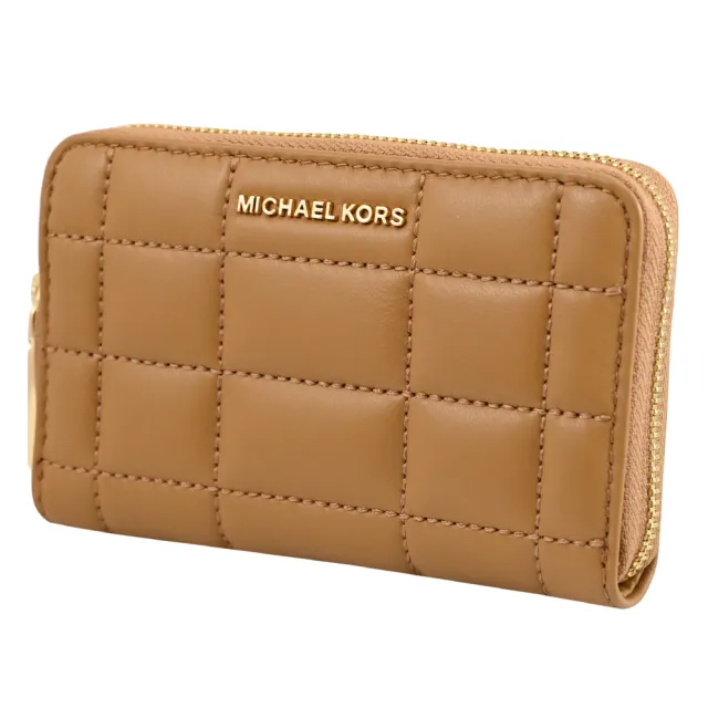 【Michael Kors】簡約金屬車線格紋信用卡證件名片零錢包(棕色)