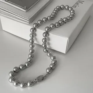 【LEESA】灰珍珠\個性項鍊\珍珠項鍊\項鍊\女生飾品\銀元寶\韓版\項鍊女\簡約ins風\韓國飾 