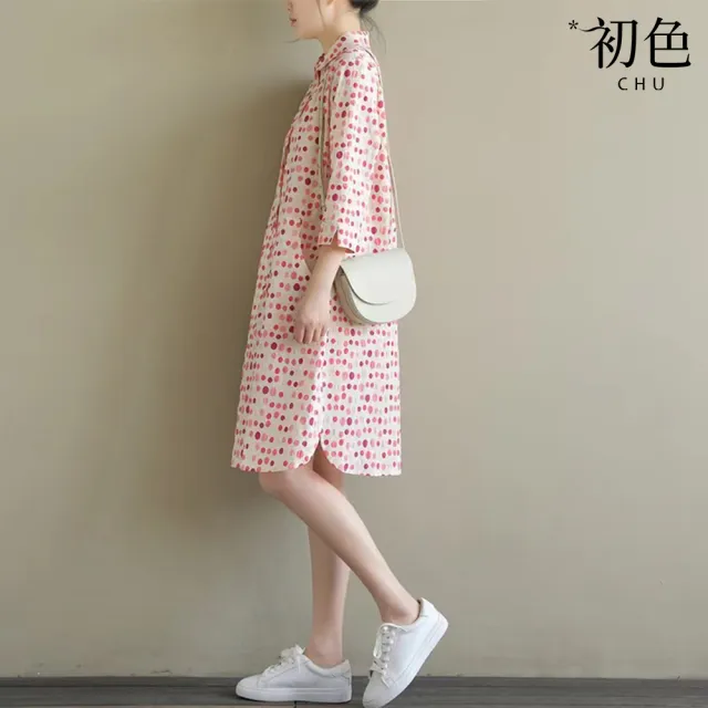 【初色】甜美風圓點印花單排扣POLO領七分袖襯衫裙中長連衣裙連身洋裝-圓點-10599(M-2XL可選)