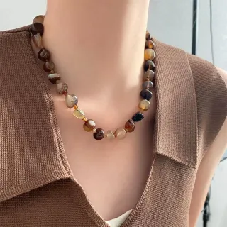 【LEESA】天然石\串珠\項鍊女\小眾設計\復古風\鈦鋼項鍊\搭配\新中式\鎖骨鏈\鹽系穿搭\配 