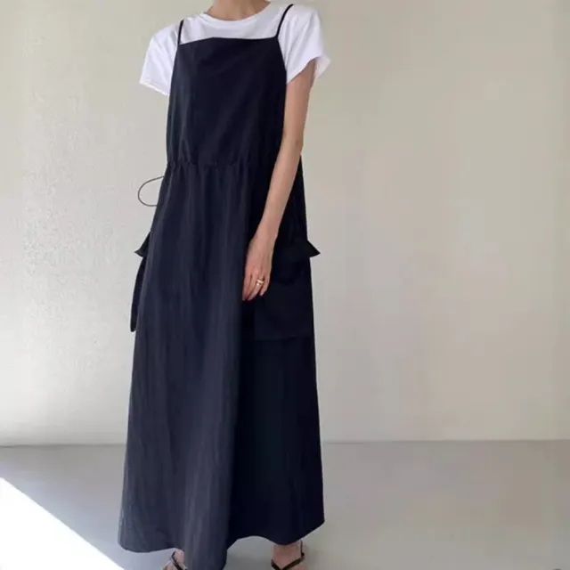 【米蘭精品】現貨+預購 洋裝細肩帶連身裙大尺碼長裙連衣裙A字裙休閒大碼女裝(韓系復古抽繩女裙子4色74kf67)