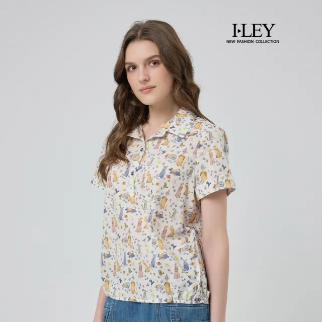 【ILEY 伊蕾】萌寵印花純棉襯衫式上衣(白；M-2L；1252021577)