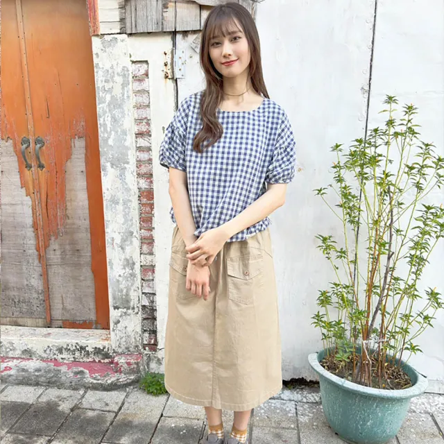 【Hana Mokuba】花木馬日系女裝圓領泡袖綁帶收口格紋上衣(造型上衣)