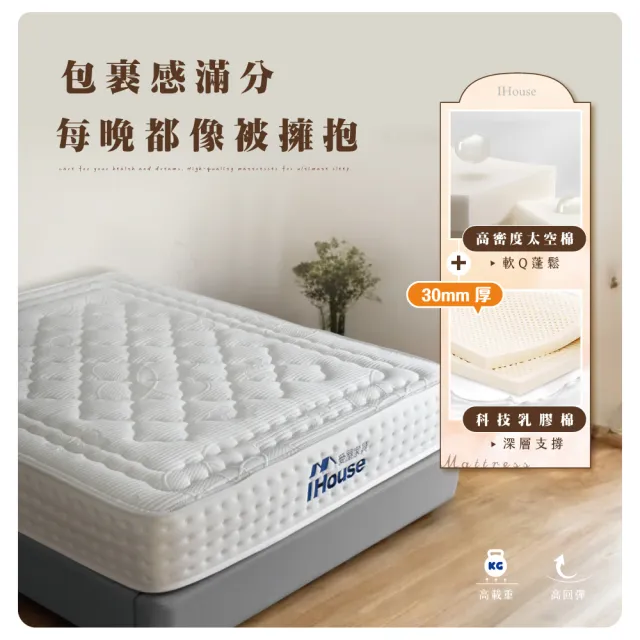 【IHouse】膠原蛋白+30mm乳膠+加強護邊 6尺床墊 /雙大床墊/捲包床墊/壓縮床(高碳錳鋼強化型獨立筒-比亞蒂)