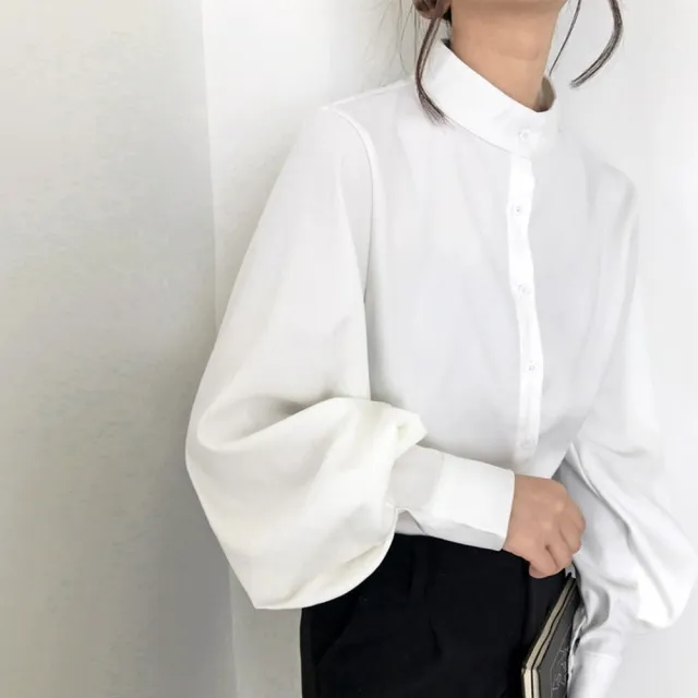 【米蘭精品】現貨+預購 襯衫燈籠袖上衣(港味復古立領純色女裝4色74ke17)