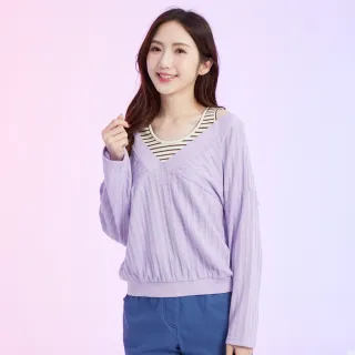 【betty’s 貝蒂思】假兩件露肩條紋長袖T-shirt(淺紫)