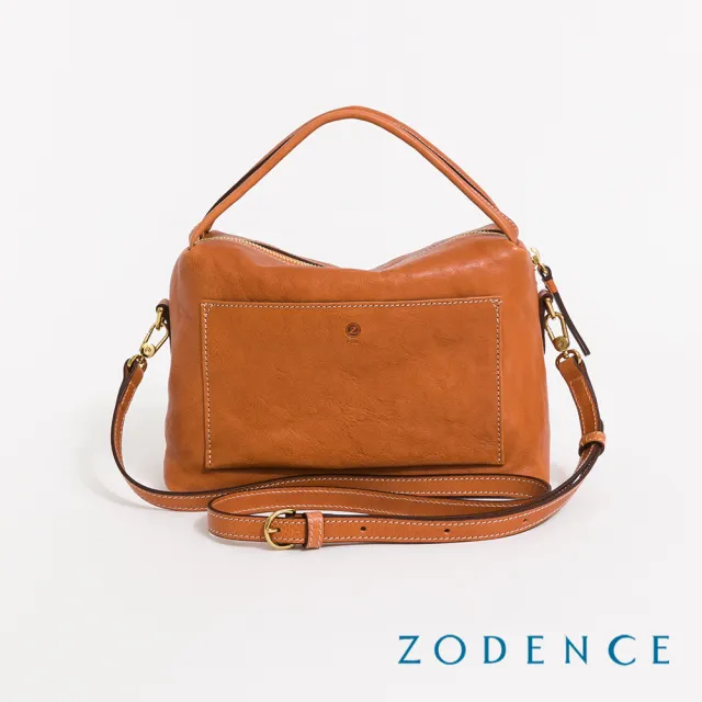 【ZODENCE 佐登司】HAN義大利植鞣革垂墜感雙提把斜背包(經典駝)