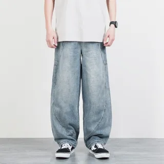 【AMERO】男女款 弧車線牛仔褲(男女款 弧車線彎刀設計 牛仔褲 大口袋)