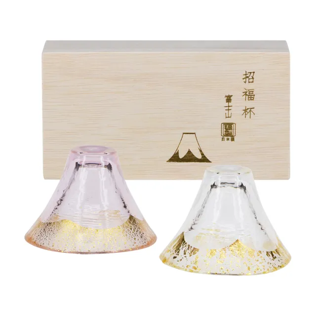 【YU Living 信歐傢居】日本進口 東洋佐佐木手工玻璃富士山招福冷酒杯組 65ml(透明金.粉紅金色/酒器酒具)