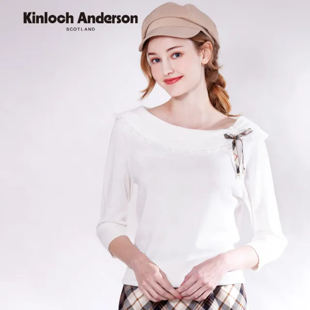 【Kinloch Anderson】浪漫微一字領翻領蕾絲格紋蝴蝶結七分袖針織上衣(KA1259008 淺綠/白色)