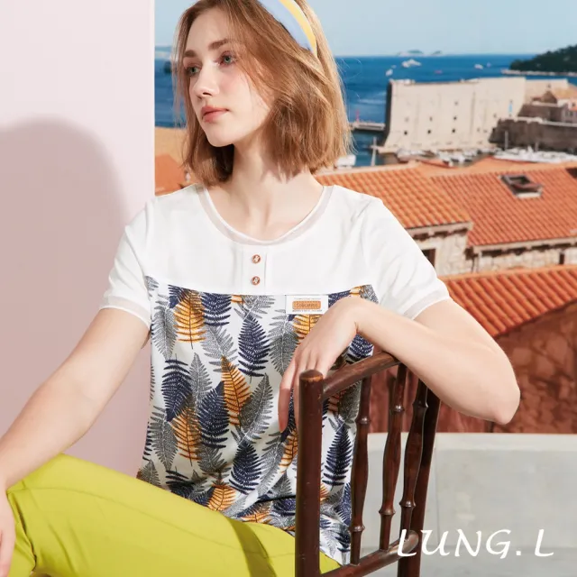 【LUNG.L 林佳樺】LS48A白色葉片印花拼接素面短袖棉質女裝上衣(春夏新品)