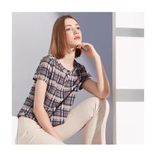 【LUNG.L 林佳樺】LS16A藍色格紋泡泡布拼接短袖女裝上衣(春夏新品 加大尺碼)