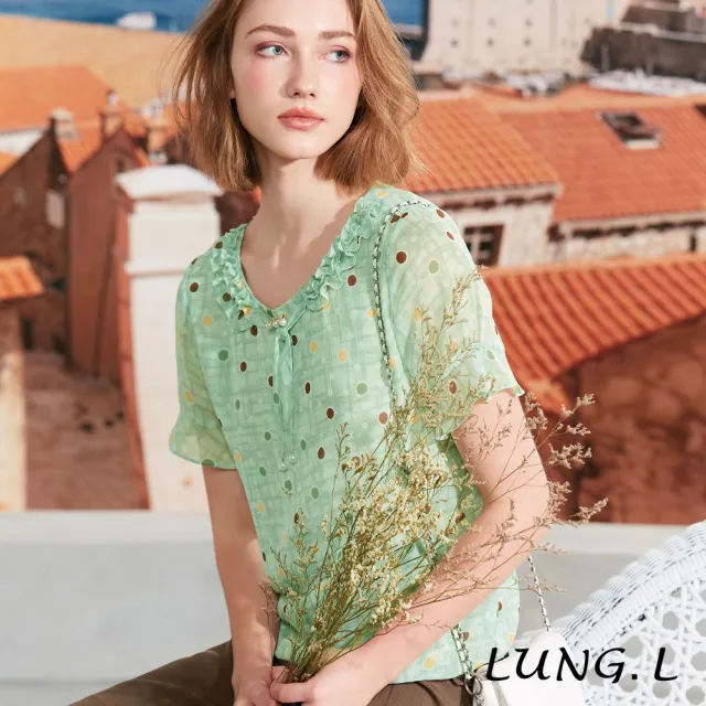 【LUNG.L 林佳樺】LS29A淡綠色圓點格紋印花雪紡短袖女裝上衣(春夏新品)