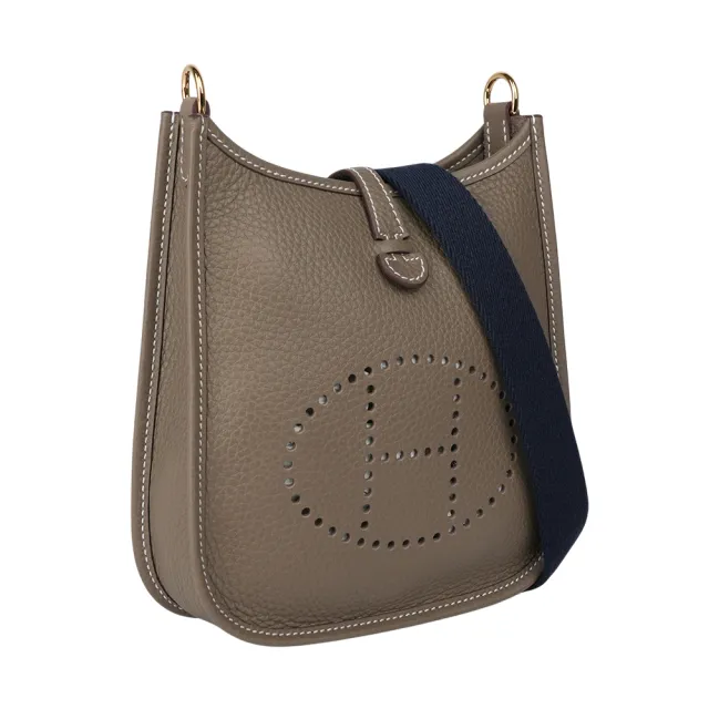 【Hermes 愛馬仕】金釦 TC皮 MINI EVELYNE 16 斜背包(大象灰/深藍背帶)