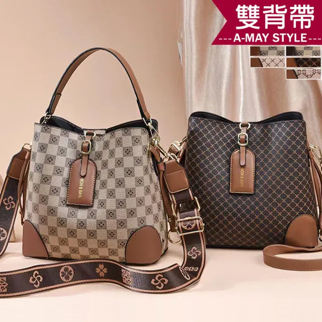 【Amay Style 艾美時尚】女包 開運包 斜背包 手提包 時尚格紋雙背帶肩背水桶包(6色.現貨+預購)