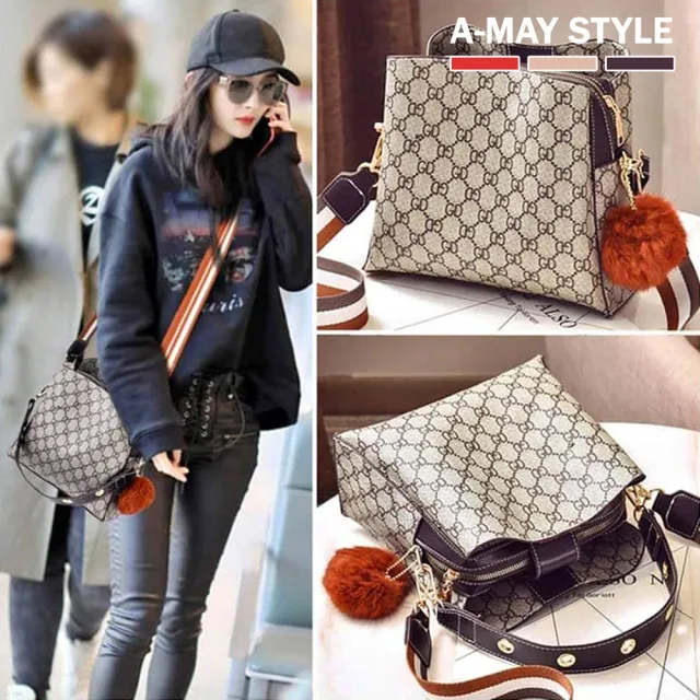 【Amay Style 艾美時尚】女包 開運包 斜背包 手提包 時尚格紋雙背帶肩背水桶包(6色.現貨+預購)