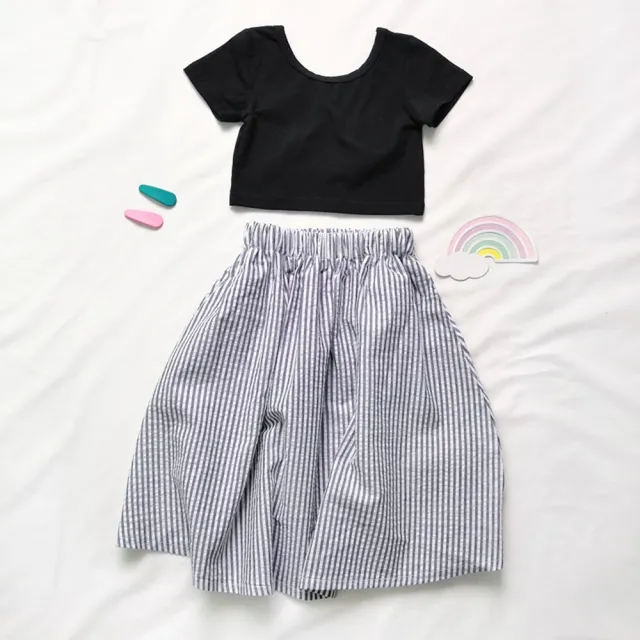 【橘魔法】黑色圓領短袖上衣＋條紋大圓裙 套裝(親子裝 裙子 中長裙 大童 大人 兒童 女童 童裝)